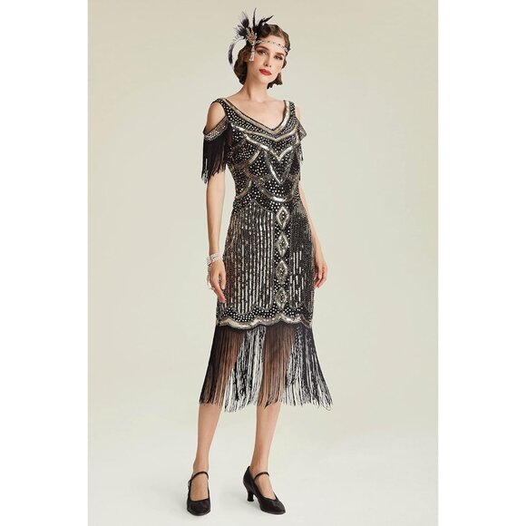 Womens Flapper Dress Vintage 1920s Beaded Sequins Fringe Party Costume - Picture 3 of 6